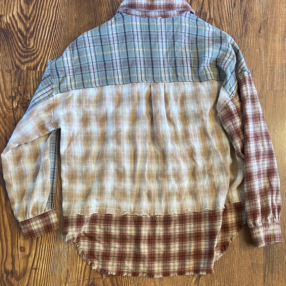 Plaid Patchwork Button-Up Shirt, boutique. Frayed… - image 5